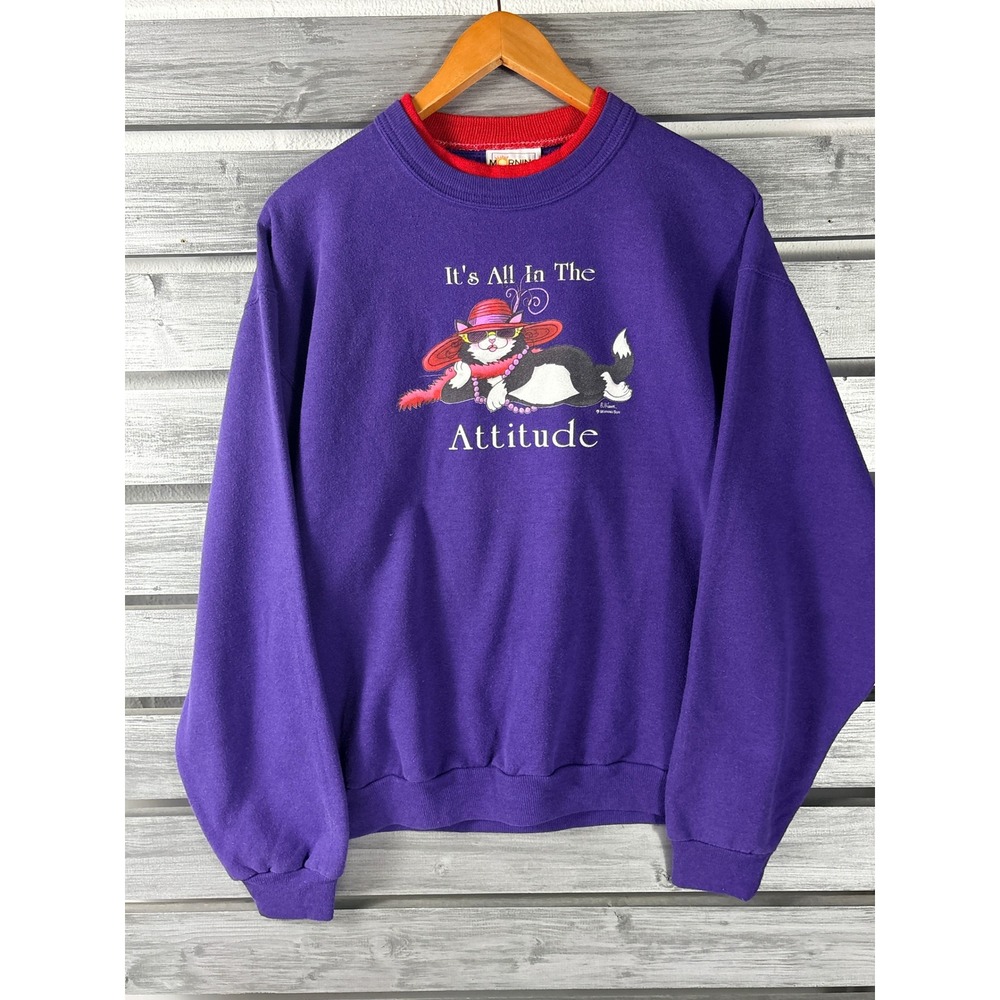 Vintage 90s Morning Sun Cat Attitude Sweatshirt Purple Animal Print Crewneck L